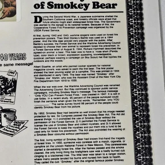 Vintage NPS Smokey Bear 40th Anniversary 1984 Nickle And Stamp Display Board - Picture 5 of 9